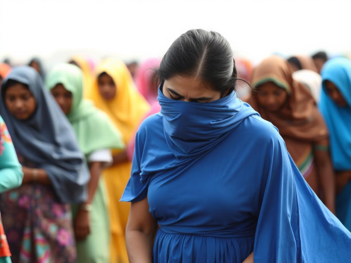 A figure with head bowed amid a community in mourning